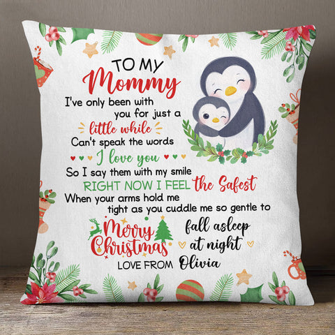 Personalized Square Pillow For New Mom From Family Pregnancy Gifts Penguin Hugging Baby I've Only Been With You Christmas Decor Custom Name Double Sided Sofa Couch Cushion On Christmas