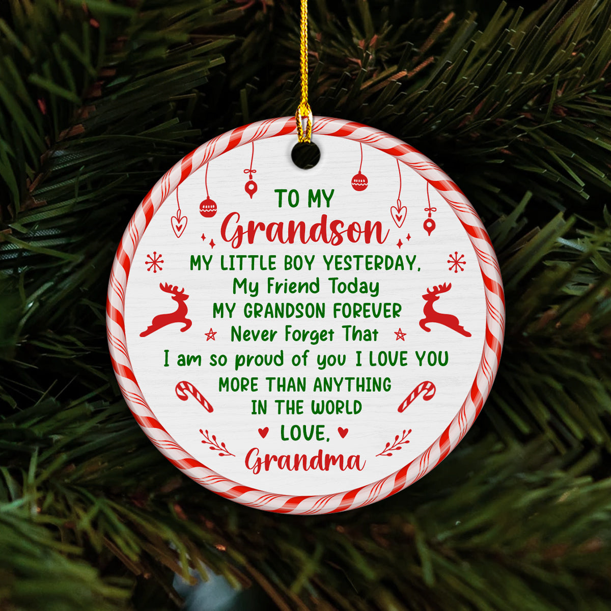 Grandsons Gifts, My Little Boy Yesterday Christmas Theme Candy Cane Circle Ceramic Ornament, Personalized Christmas Ornament, Gifts For Boys From Nana, Xmas Tree Decor
