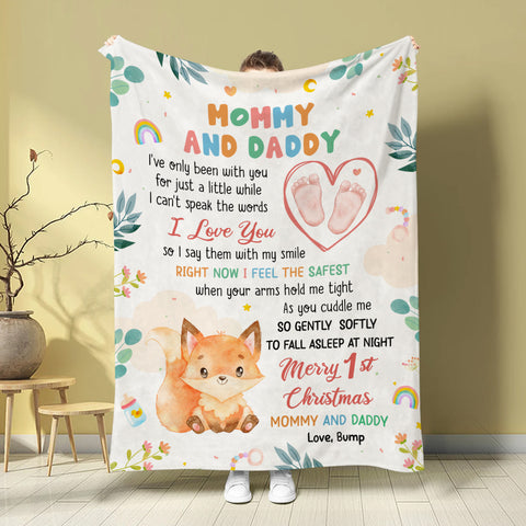 Merry 1st Christmas Mommy Daddy I've Only Been With You A While Footprint Baby Fox, Personalized Blanket, Gifts For New Parents, Fleece Sherpa Blanket, New Parents, Gifts For Xmas