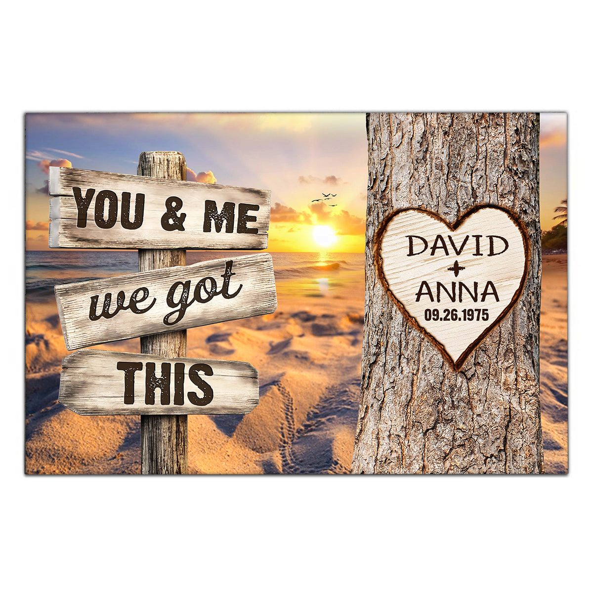 You & Me, We Got Rustic Wood Sign With Tree Heart & Sunset Beach, Personalized Canvas Wall Art, Gifts For Him Her, Poster Prints Wall Decor, Gifts For Valentine Anniversary