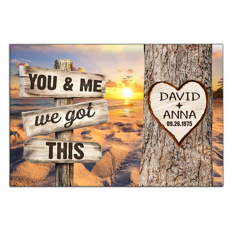 You & Me, We Got Rustic Wood Sign With Tree Heart & Sunset Beach, Personalized Canvas Wall Art, Gifts For Him Her, Poster Prints Wall Decor, Gifts For Valentine Anniversary