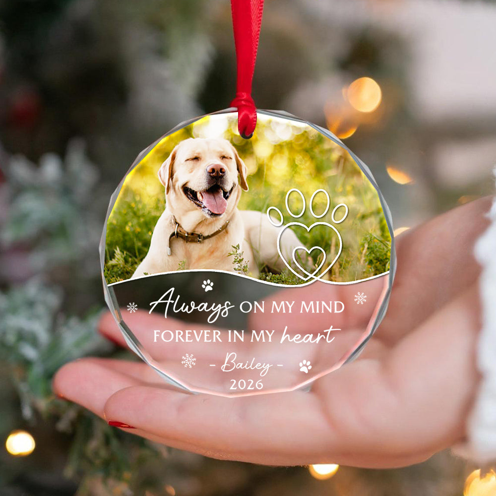 Always On Mind Forever In Heart Pawprints Glass Ornament Remembrance, Memorial Keepsake, Pet Loss Decoration, Winter Decor, Remembrance Tribute Ornament With Photo, Gifts For Dog Lovers