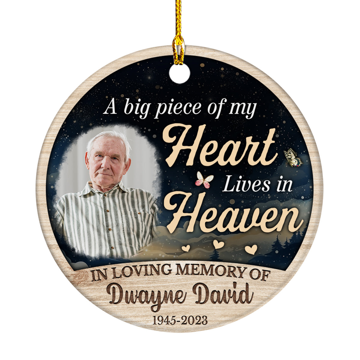 Sympathy Gifts, Personalized Photo Memorial Ornament, Big Piece Of Heart Lives In Heaven Butterflies Hearts Wooden Background, Gifts For Loss Of Mom Dad, Xmas Tree Decoration, Funeral