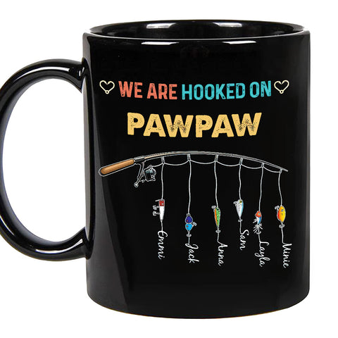 Personalized Coffee Mug For Papa Grandpa From Family Grandkids We Are Hooked On Pawpaw Fishing Grandchild Custom Name Fisherman Gifts Black Ceramic 11 15Oz Cup For Birthday Father's Day