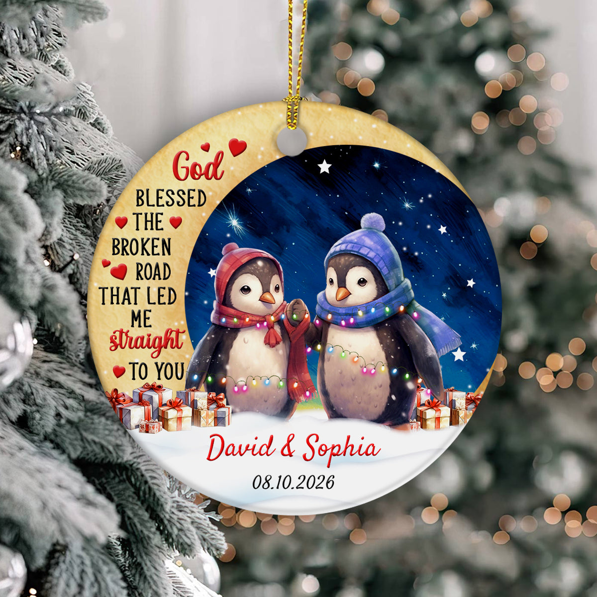 God Blessed The Road That Led Me To You Cute Penguin Couple Crescents Moon, Penguin Couple Holiday Keepsake, Couples Christmas Ornament, Tree Decor, Personalized Christmas Ornament