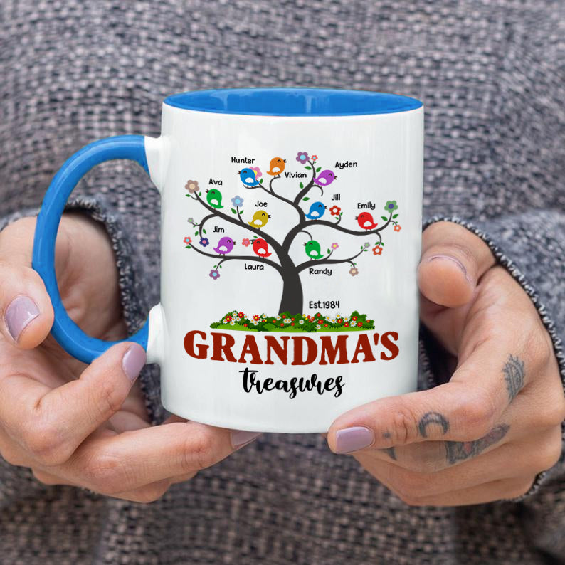 Personalized Coffee Mug For Grandma From Grandchild Grandma's Treasures Tree With Cute Birds Custom Grandkids Name 11 15Oz Ceramic Accent Cup Gifts For Grandma For Birthday Christmas