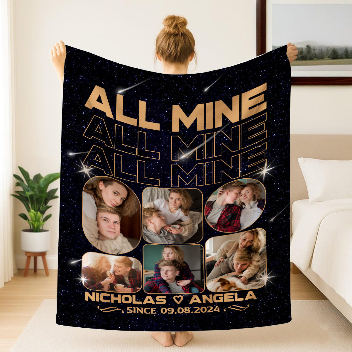 All Mine Photo Collage Blanket, Personalized Name And Year, Black With Multiple Couple Photos Gifts For Him Her Custom Fleece Sherpa Blanket, Gifts For Valentine Anniversary