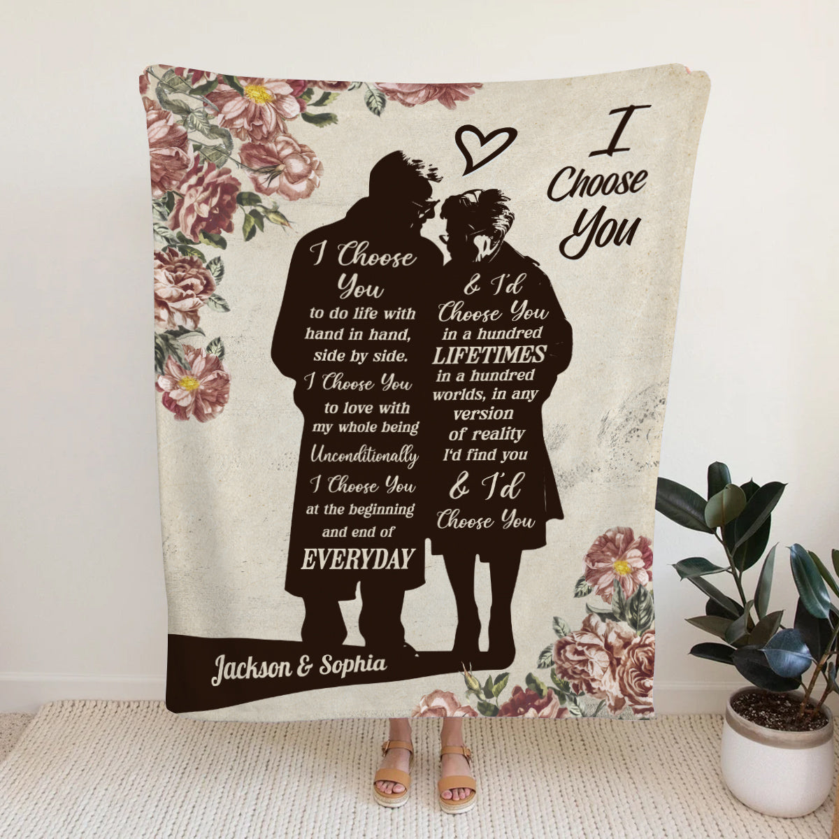 Old Couple Silhouette Vintage I'd Find You & I'd Choose You Floral Printed, Personalized Blanket, Gifts For Him Her