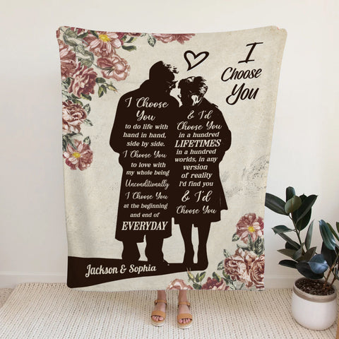 Old Couple Silhouette Vintage I'd Find You & I'd Choose You Floral Printed, Personalized Blanket, Gifts For Him Her