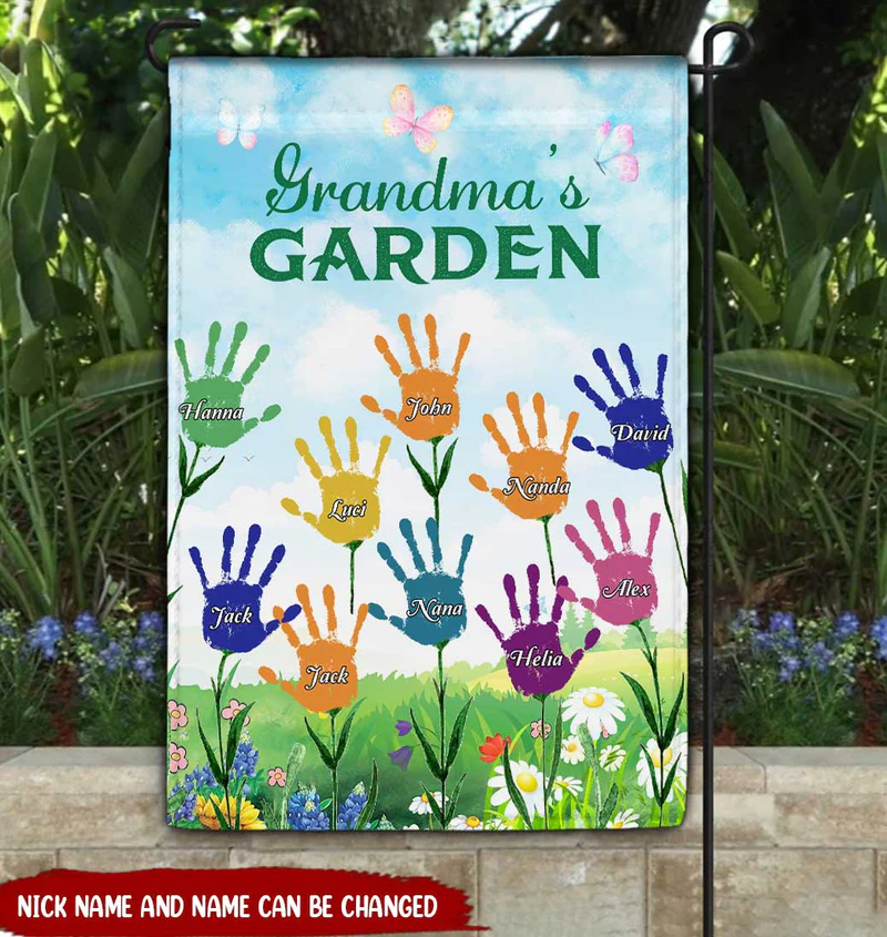 Personalized Garden Flag For Grandmother From Grandkids Grandma Gifts Nana's Garden Flower Handprints Grandkids Custom Name Double Sided Outside Welcome Flag For Mother's Day Birthday