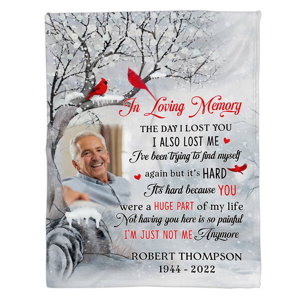 Sympathy Gifts, Personalized Memorial Blanket With Photo, In Loving Memory Tree Red Birds I Lost You I've Been Trying To Find Myself, Loss Of Dad Grandpa Blanket, Fleece Sherpa, Funeral