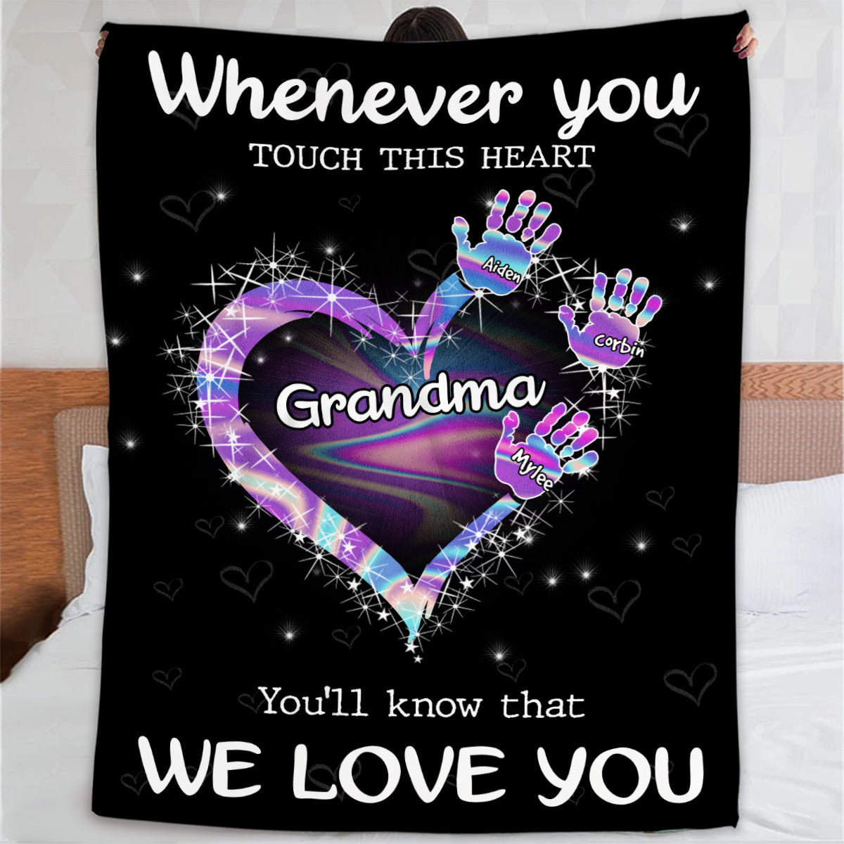 Grandma Gifts, Whenever You Touch This Heart Handprints, Personalized Blanket, Gifts For Grammy From Grandson Custom Fleece Sherpa Blanket, Gifts For Christmas Xmas Birthday Mothers Day