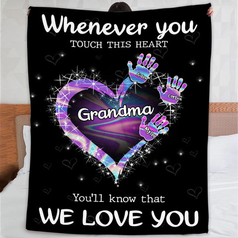 Grandma Gifts, Whenever You Touch This Heart Handprints, Personalized Blanket, Gifts For Grammy From Grandson Custom Fleece Sherpa Blanket, Gifts For Christmas Xmas Birthday Mothers Day