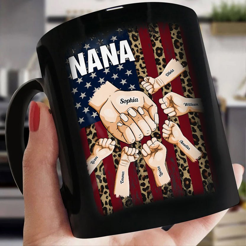 Grandma Gifts, Mom Grandma Nana Hands Drawing Flag With Leopard Printed, Personalized Coffee Mug, Gifts For Abuela From Grandkids, Novelty Ceramic Cup 11 15oz, Gifts For Mother's Day