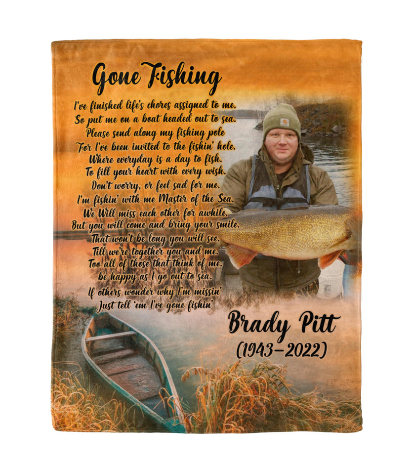 Personalized Gone Fishing Memorial Blanket For Dad Papa In Heaven Custom Photo Name And Time Fleece Sherpa Blanket Gifts For Daddy Memory Gifts For Fisherman Father Christmas Thanksgiving