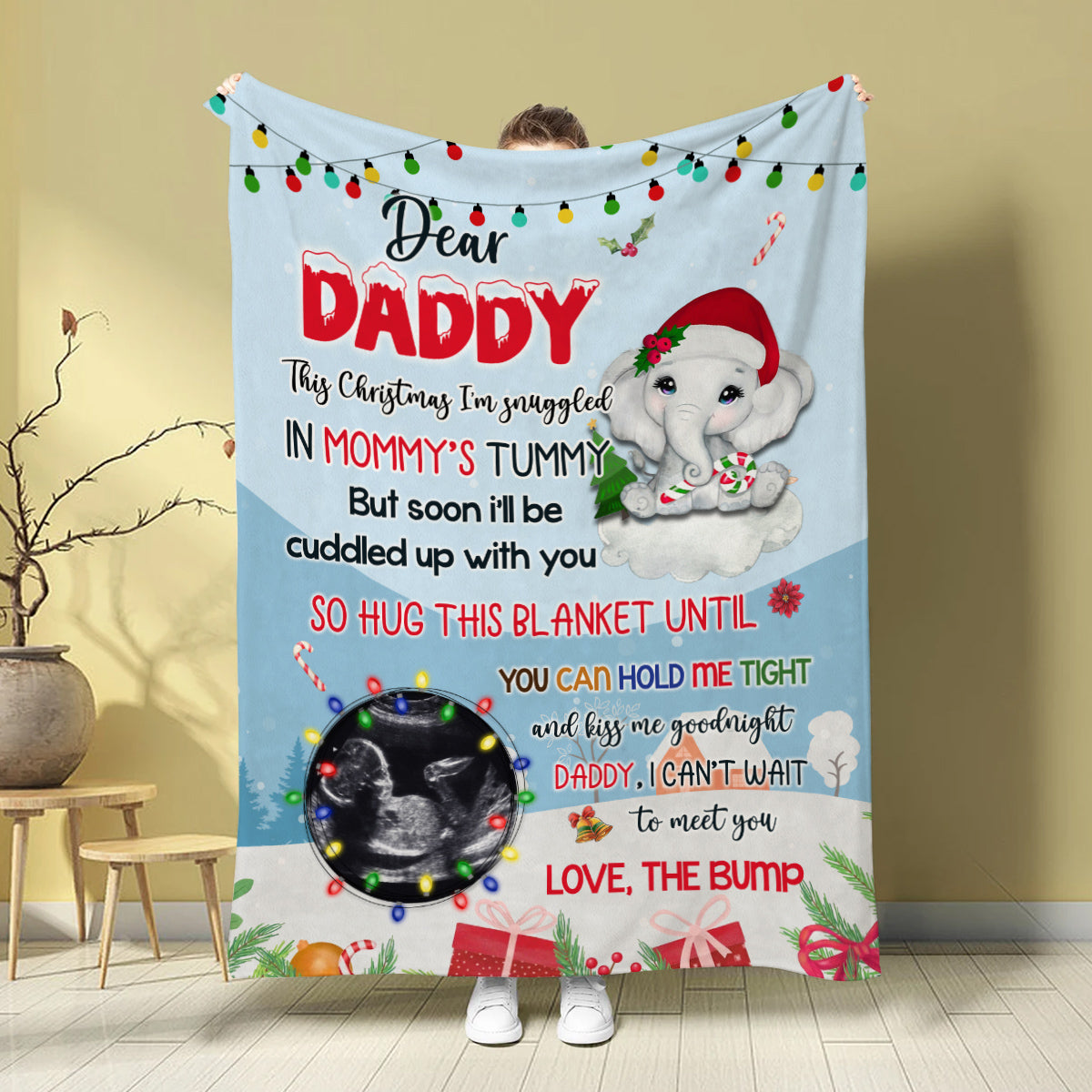 New Dad Gifts, Dear Daddy This Christmas I'm Snuggled In Mommy's Tummy Elephant Baby Ultrasound Photo , Personalized Blanket With Photo, Gifts For New Daddy, Fleece Sherpa Blanket