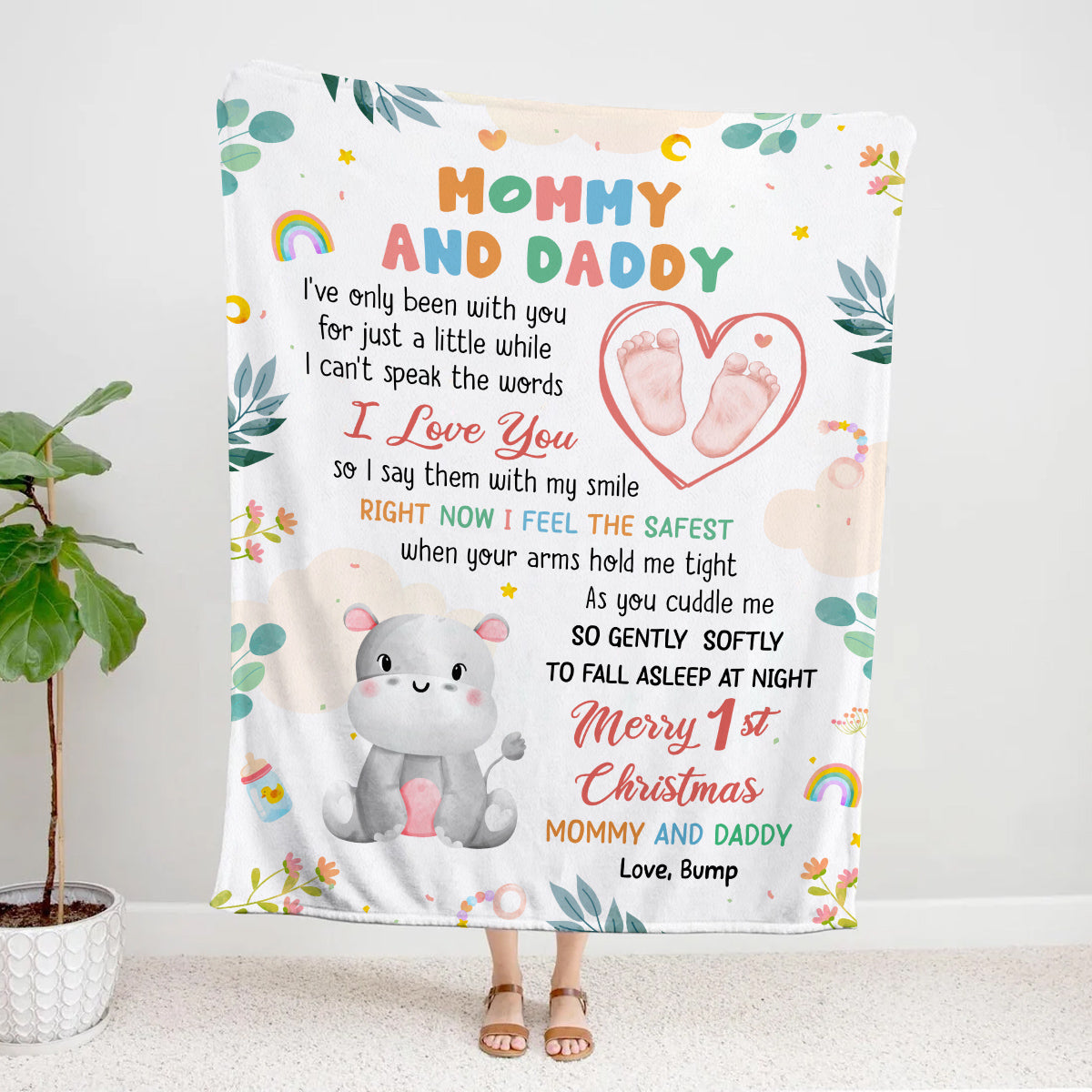 Merry 1st Christmas Mommy Daddy I've Only Been With You A While Footprint Baby Hippo, Personalized Blanket, Gifts For New Parents, Fleece Sherpa Blanket, New Parents, Gifts For Xmas