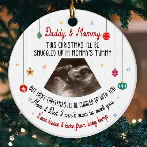 Daddy & Mommy Ultrasound Ornament, Snuggled In Mommy’s Tummy Quote, Pregnancy Reveal Xmas Gift, Custom Sonogram Photo Baby Bump Keepsake