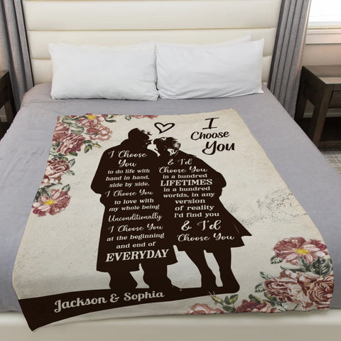 Old Couple Silhouette Vintage I'd Find You & I'd Choose You Floral Printed, Personalized Blanket, Gifts For Him Her