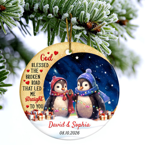 God Blessed The Road That Led Me To You Cute Penguin Couple Crescents Moon, Penguin Couple Holiday Keepsake, Couples Christmas Ornament, Tree Decor, Personalized Christmas Ornament