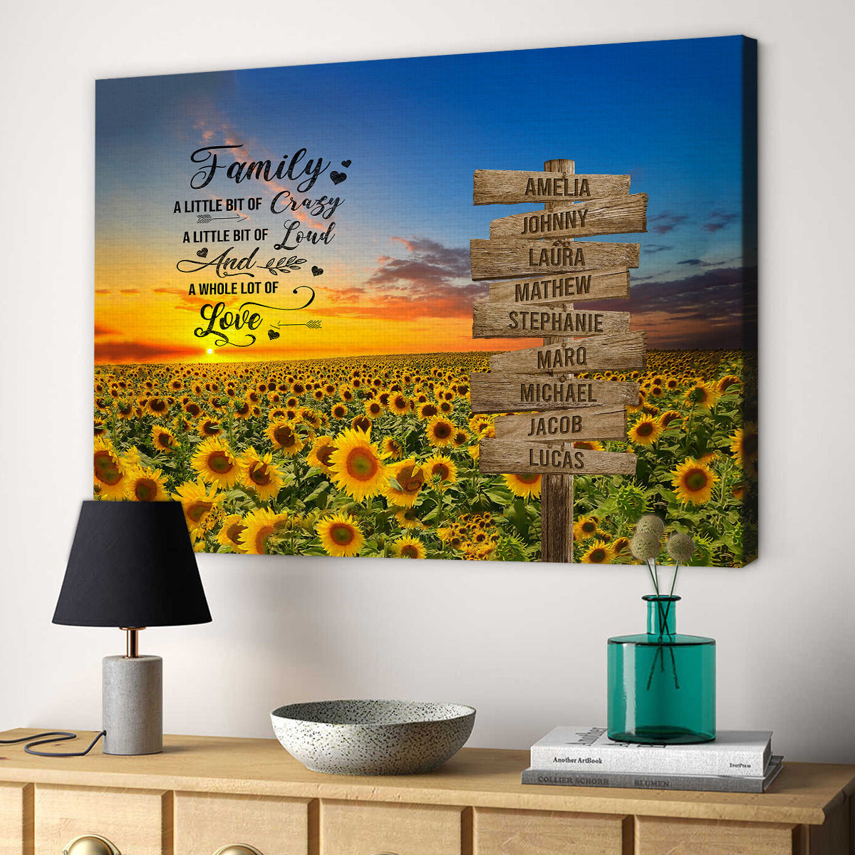 Family Gifts, Sunset Sunflowers Street Signs Wooden, Personalized Canvas Wall Art, Gifts For Parent Poster Prints Home Decor, Family Wall Decor, Gifts For Birthday Christmas Mothers Day