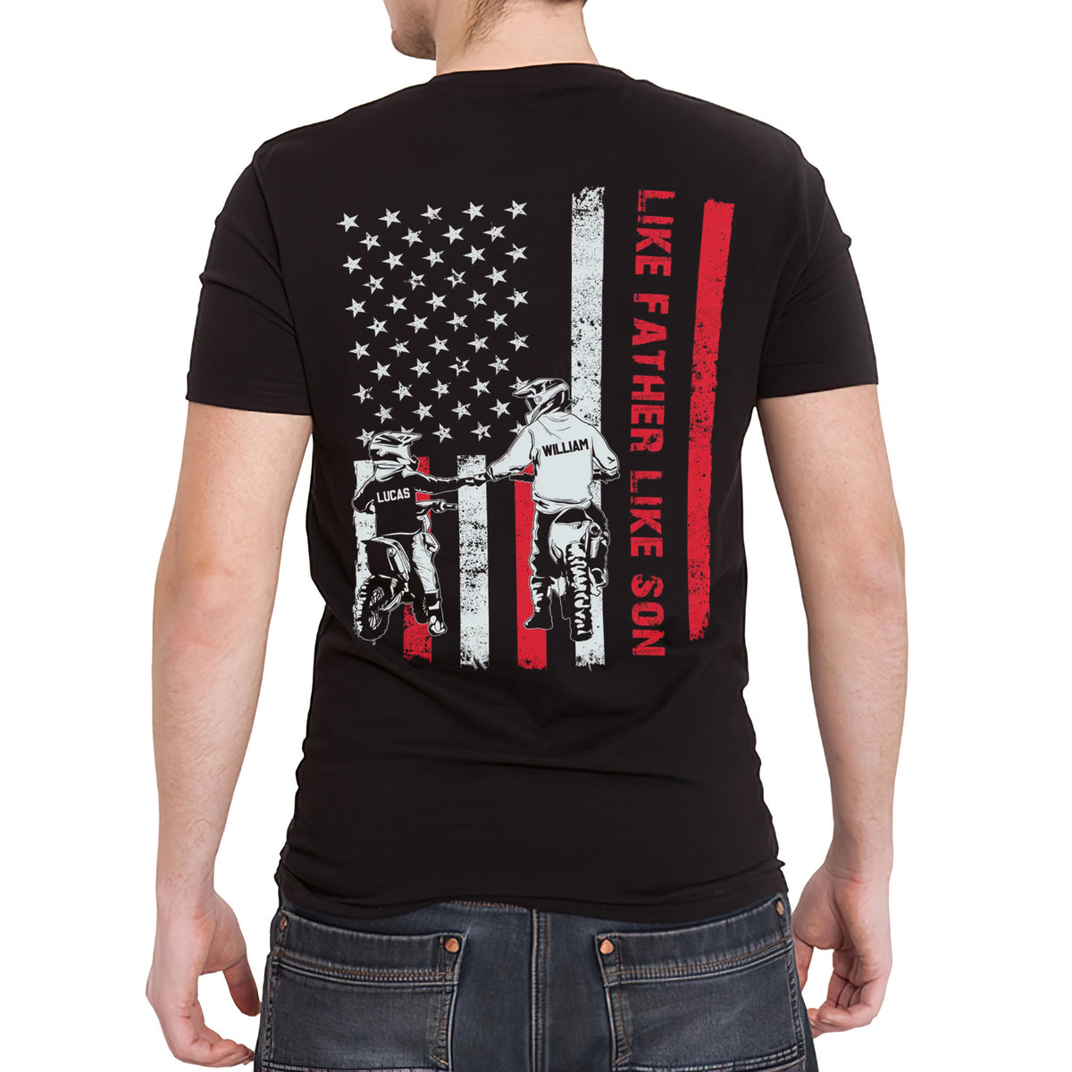 Personalized T-Shirt For Daddy From Children Gifts For Dad Like Father Like Son Like Daughter Motocross Biker Flag Back Side Printed Custom Name Short Sleeve Tops Tee Shirt
