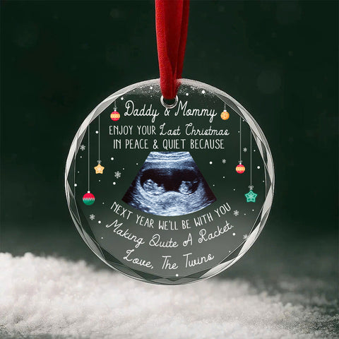 Twins Ultrasound Glass Ornament, Daddy & Mommy Last Quiet Christmas Quote, Custom Sonogram Christmas Gift, Expecting Parents Reveal Keepsake