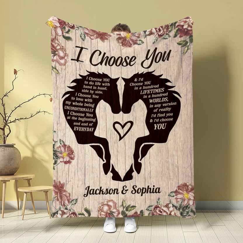 Horse Couple Floral Silhouette Vintage I'd Find You & I'd Choose You, Personalized Blanket, Gifts For Him Her Honey, Custom Fleece Sherpa Blanket, Gifts For Valentine Anniversary