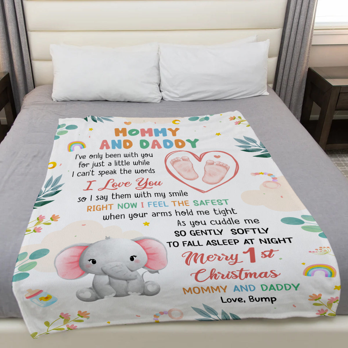Merry 1st Christmas Mommy Daddy I've Only Been With You A While Footprint Baby Elephant, Personalized Blanket, Gifts For New Parents, Fleece Sherpa Blanket, New Parents Xmas Christmas