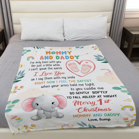 Merry 1st Christmas Mommy Daddy I've Only Been With You A While Footprint Baby Elephant, Personalized Blanket, Gifts For New Parents, Fleece Sherpa Blanket, New Parents Xmas Christmas
