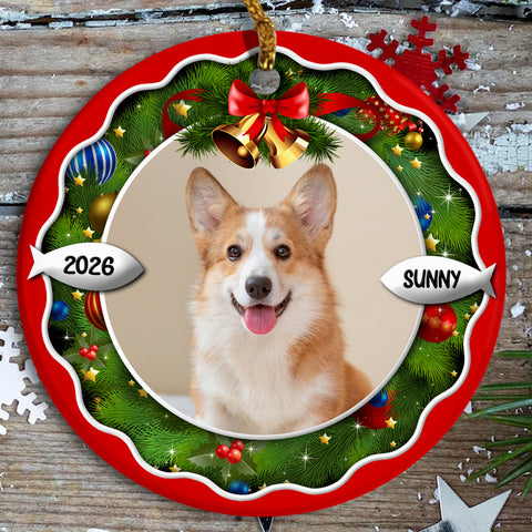 Dog Xmas Frame Custom Photo Dog Cute With Name & Year, Pet Milestone Keepsake, Custom Photo Holiday Tree Hanging Christmas Ornament, Tree Decor, Personalized Christmas Ornament
