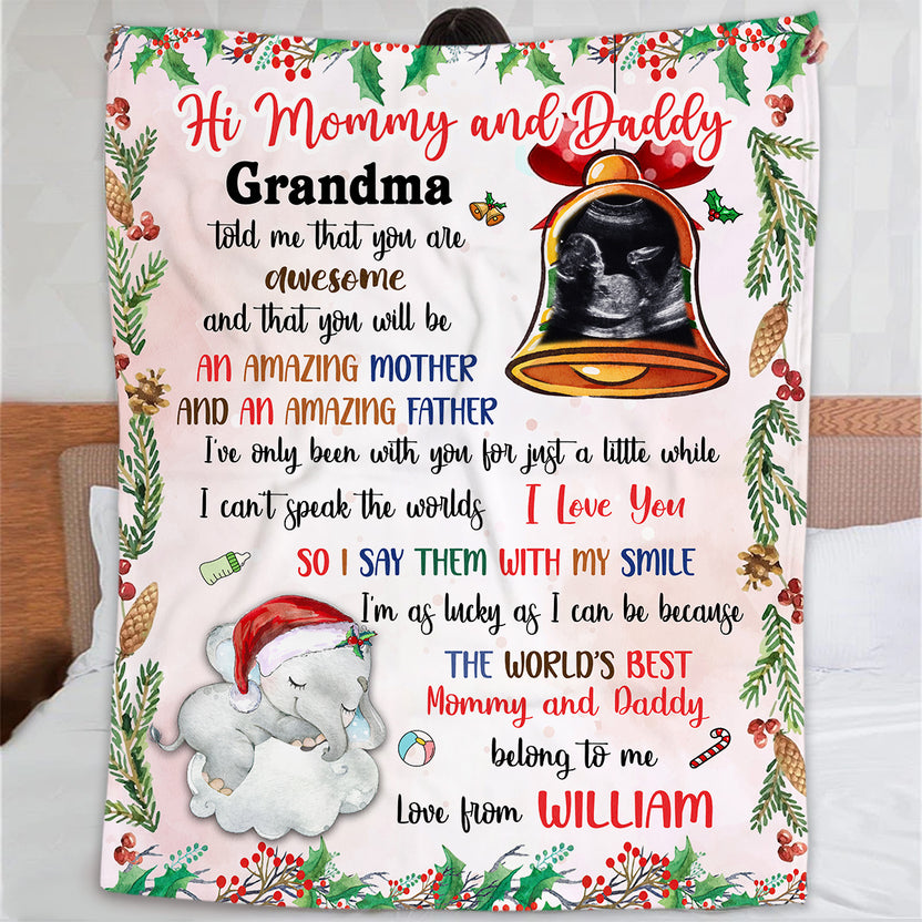 New Parents Gifts, Grandma Told Me That You Are Awesome Elephant And Sonogram Bell, Personalized Blanket, Gifts For Mom Dad