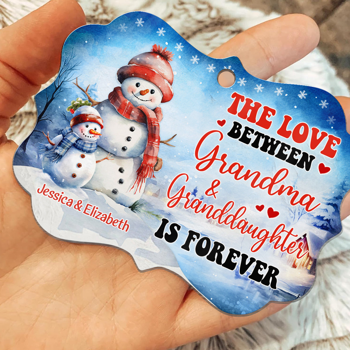 Grandma Gifts, Cute Xmas Winter The Love Between Grandma & Granddaughter Is Forever, Aluminum Ornament For Grandmother Women