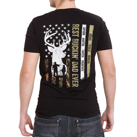 Personalized T-Shirt For Dad Father From Son Daughter Gifts For Daddy Buckin Dad Ever Hunting Lovers Deer Camo Flag Custom Name Short Sleeve Tops Tee Shirt For Birthday Fathers Day