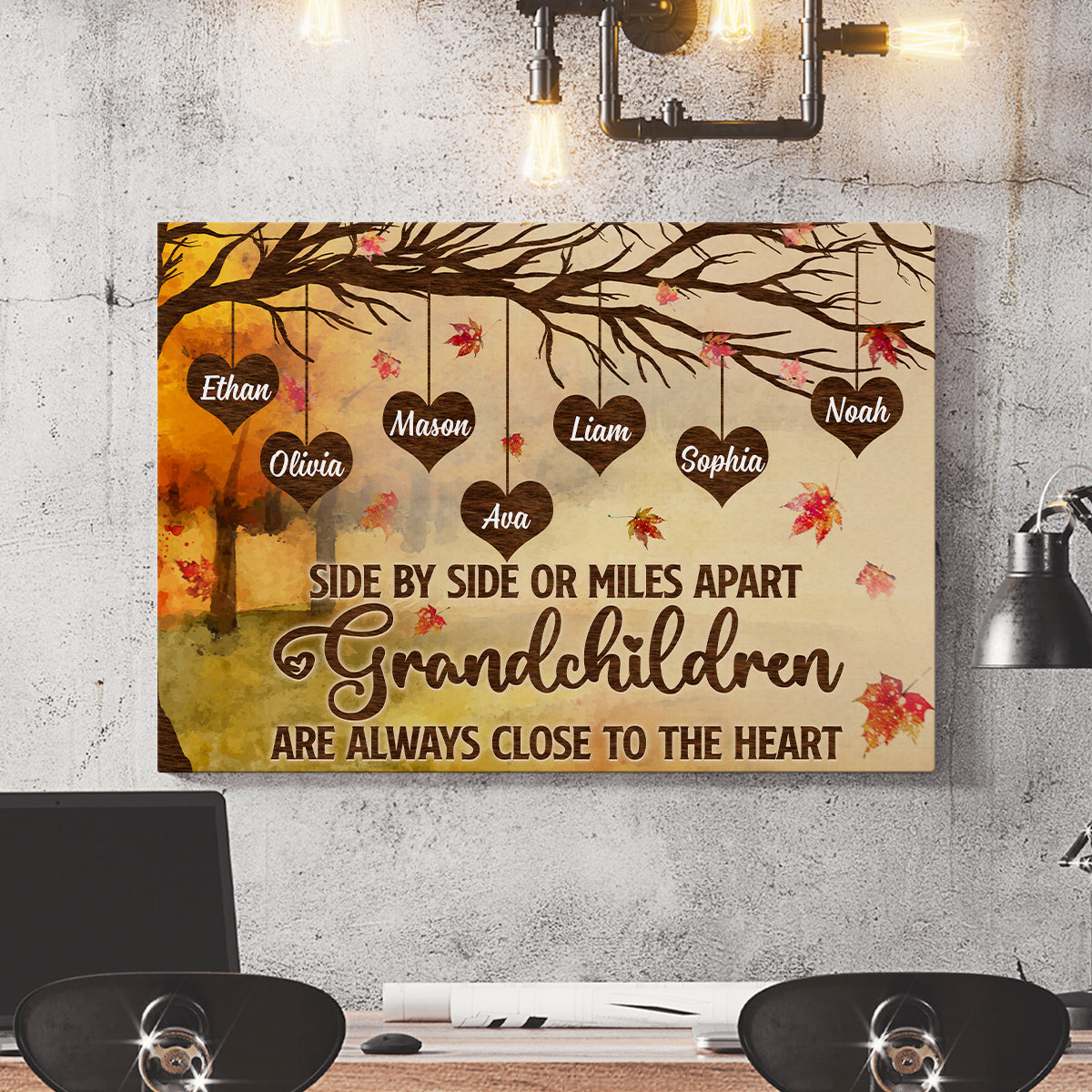 Grandma Gifts, Side By Side Or Miles Apart Grandchildren Are Always Close To The Heart Autumn Tree Heart With Names Canvas Wall Art, Gifts For Nana From Grandkids, Poster Prints Wall