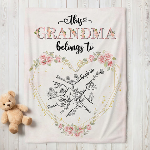 Grandma Gifts, This Grandma Belongs To Hand In Hand Heart Unique, Personalized Blanket, Funny Gifts For Grandma Nana From Grandkids, Custom Fleece Sherpa Blanket, Gifts For Birthday