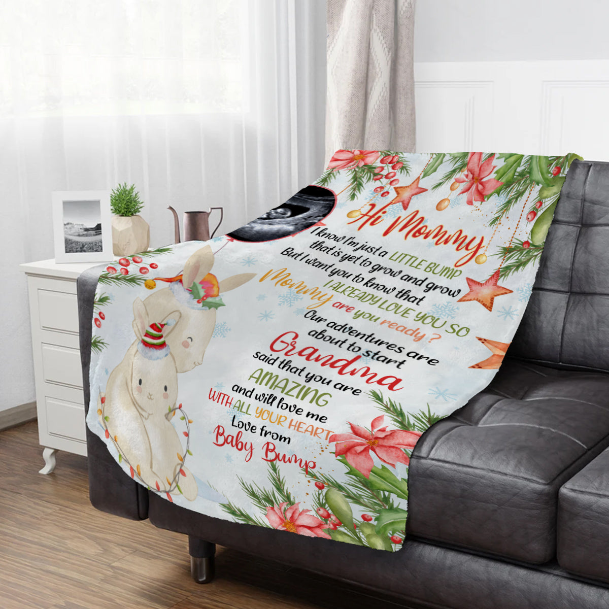 Personalized Bunny Pregnancy Announcement Blanket From Baby Bump, Ultrasound Gifts For New Mom And Dad, Soft Cozy Blanket For Expecting Parents, Baby Reveal Keepsake Christmas Presents