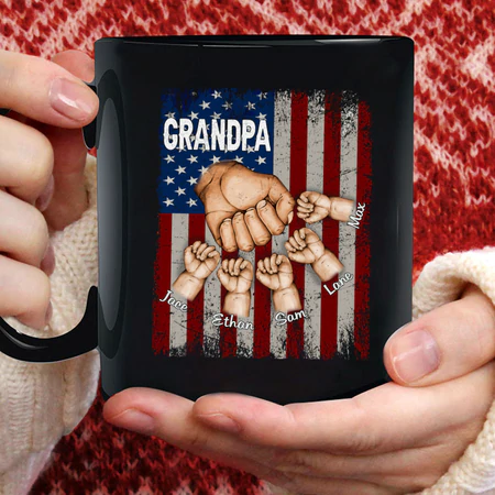 Personalized Coffee Mug For Grandpa From Grandkids Cute Fist Bump Vintage Flag Custom Names Gifts For Grandparents 11 15Oz Ceramic Black Cup For Birthday Fathers Day Christmas