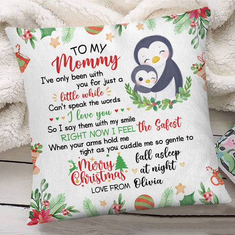Personalized Square Pillow For New Mom From Family Pregnancy Gifts Penguin Hugging Baby I've Only Been With You Christmas Decor Custom Name Double Sided Sofa Couch Cushion On Christmas