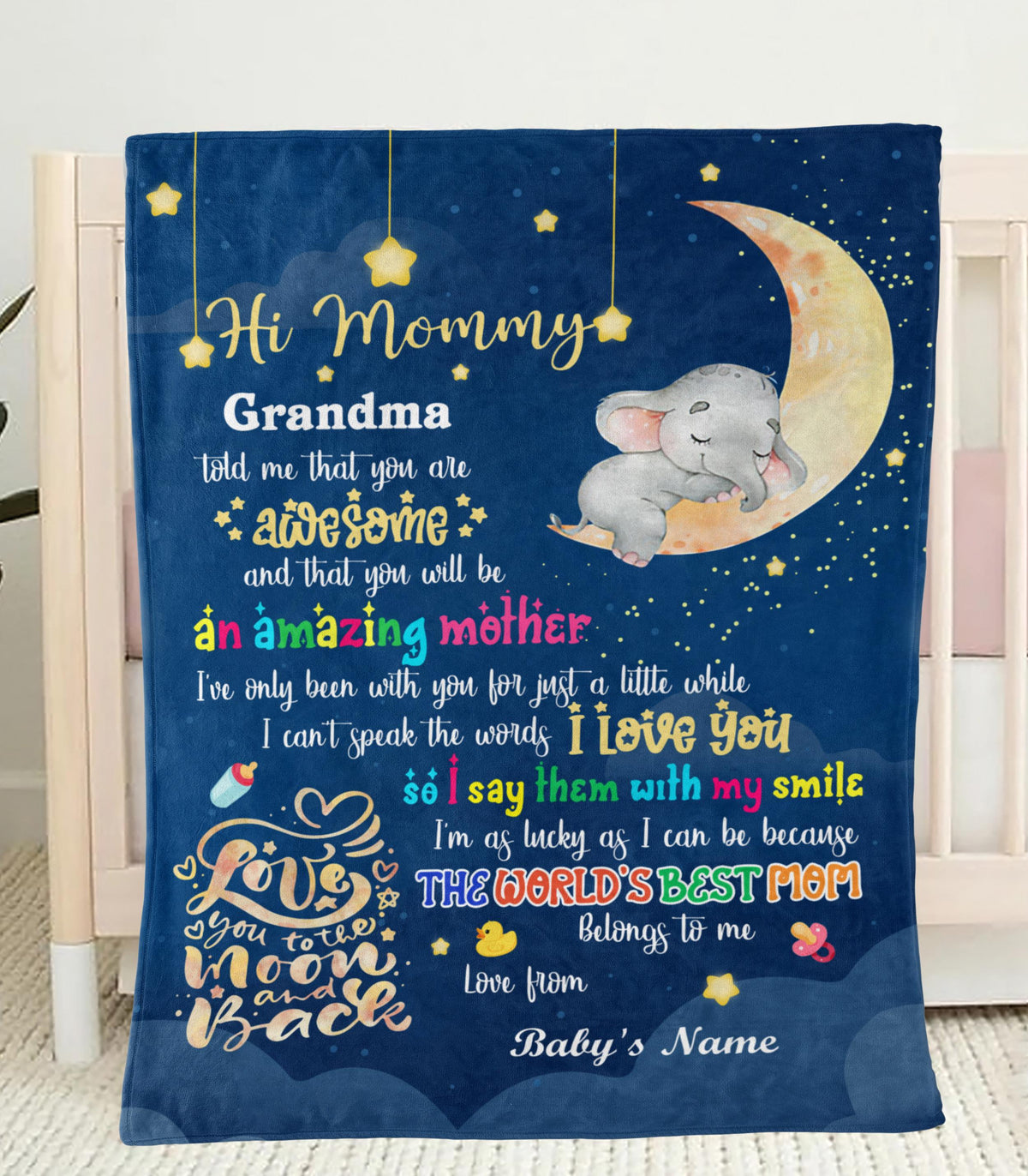 Personalized Blanket For 1St Time Mother From Baby Hi Mommy Grandma Told Me That 1St Mother's Day Cute Sleeping Elephant Custom Name First Time Mom Gifts Fleece Sherpa Blanket For Birthday