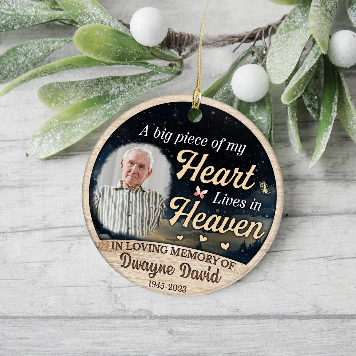Sympathy Gifts, Personalized Photo Memorial Ornament, Big Piece Of Heart Lives In Heaven Butterflies Hearts Wooden Background, Gifts For Loss Of Mom Dad, Xmas Tree Decoration, Funeral