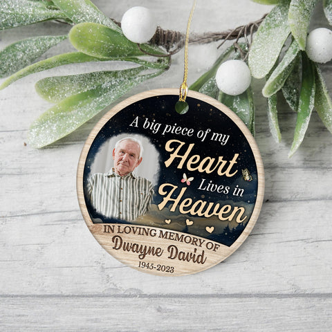 Sympathy Gifts, Personalized Photo Memorial Ornament, Big Piece Of Heart Lives In Heaven Butterflies Hearts Wooden Background, Gifts For Loss Of Mom Dad, Xmas Tree Decoration, Funeral