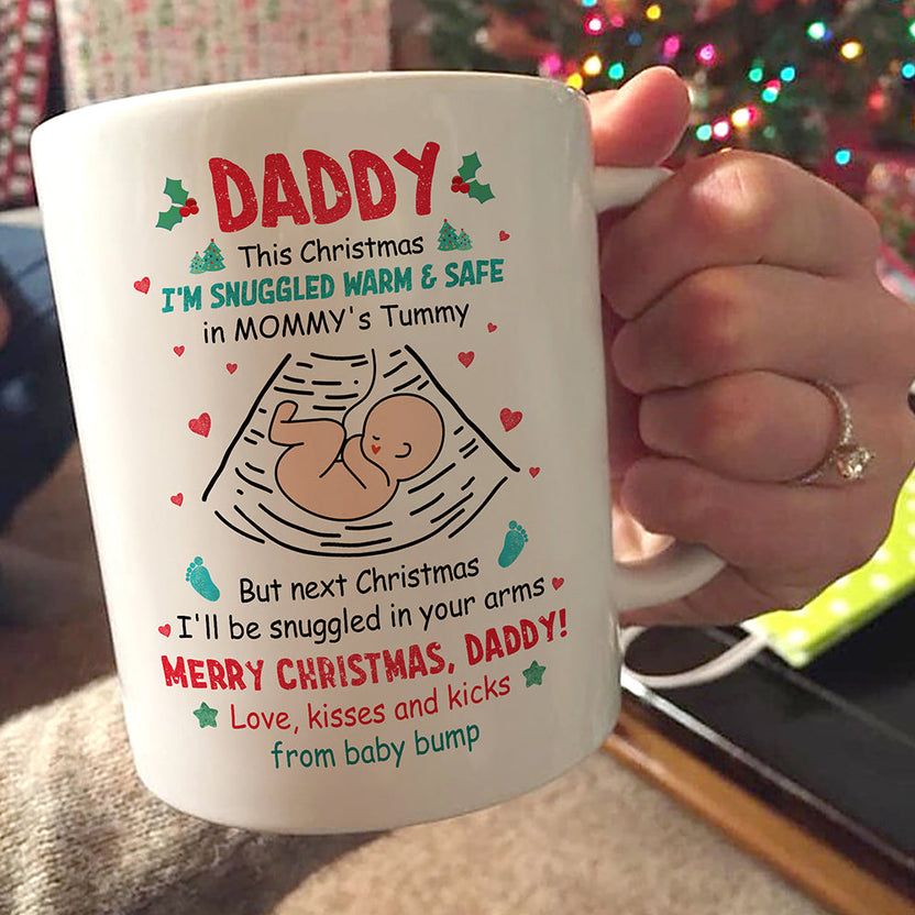 Personalized To Expecting First New Dad Coffee Mug From Baby Bump Daddy This Christmas I'm Snuggled In Mommy's Tummy Custom Name First Time Dad Gifts 11 15Oz Ceramic White Cup For Christmas