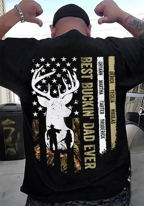 Personalized T-Shirt For Dad Father From Son Daughter Gifts For Daddy Buckin Dad Ever Hunting Lovers Deer Camo Flag Custom Name Short Sleeve Tops Tee Shirt For Birthday Fathers Day
