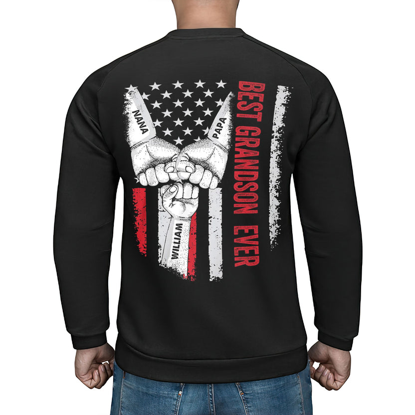 Personalized T-Shirt For Grandson Boy From Grandpa Grandma Unique Grandsons Gifts Vintage Grandson Ever Fist Bump Flag Custom Name Short Sleeve Tee Shirt For Birthday Graduation