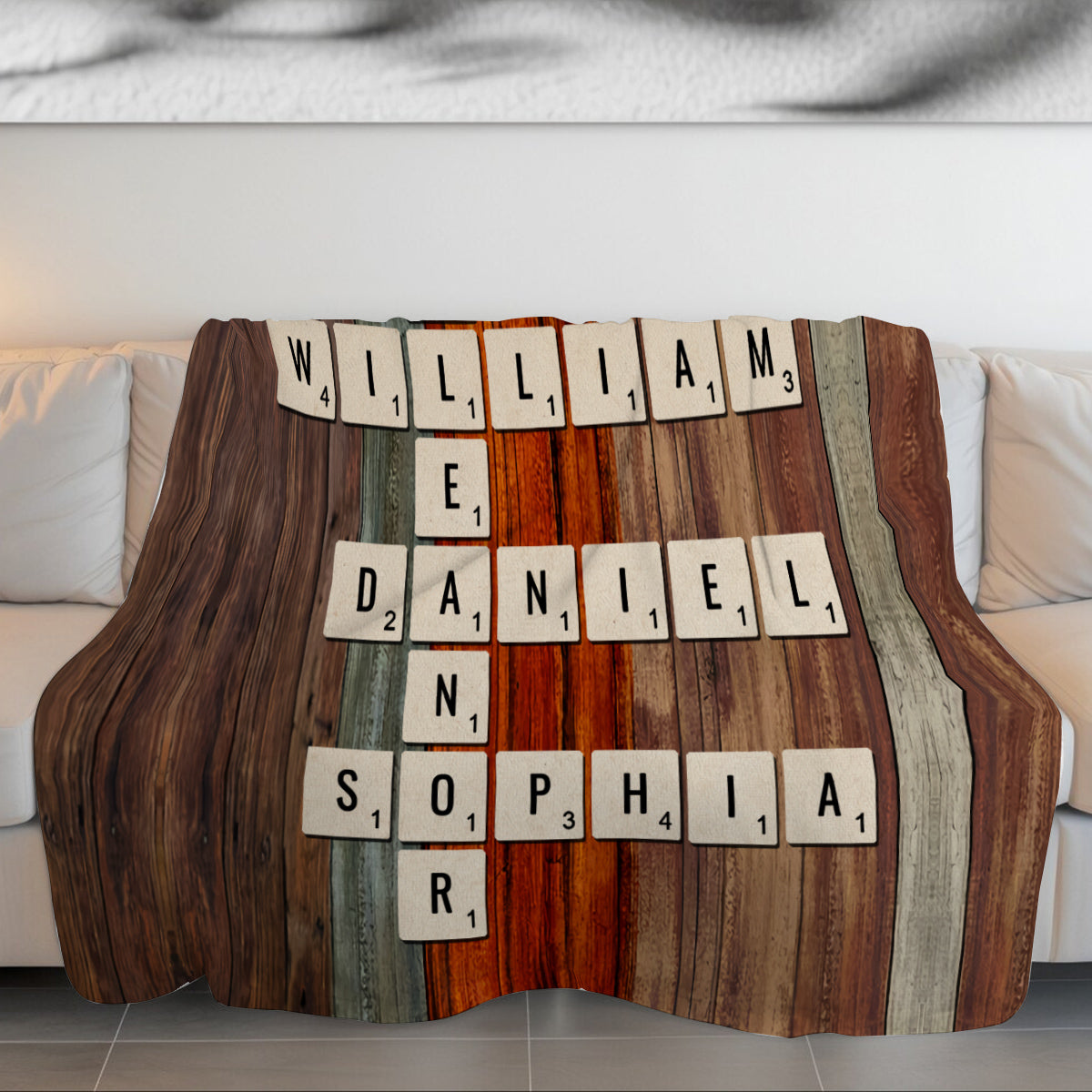 Together We Make A Family Theme,Cozy Family Blanket With Personalized Names, Rustic Finish, Crossword Inspired Name Arrangement, Personalized Blanket, Gifts For Mom Dad From Kids