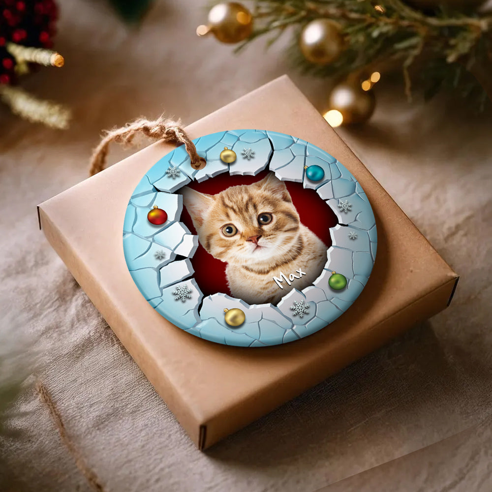 Fluffy Cat Christmas Ornament 3d Break Through Circle Circle Ceramic/ Plastic Design, Custom Name Pet Decoration, Holiday Keepsake Gifts, Personalized Christmas Ornament, Gifts For Cat