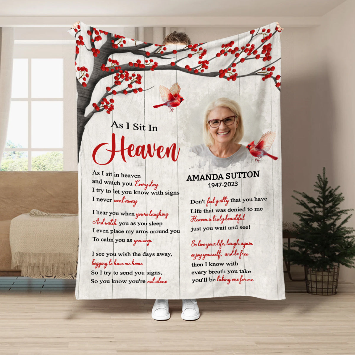 Sympathy Gifts, Memorial Blanket With Photo, Sympathy Memorial, Heaven Watching Over Family Verse, Heaven Message With Red Birds, Loss Of Mom Dad Blanket, Fleece Sherpa, Funeral Gifts