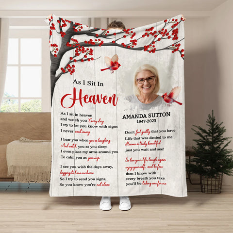Sympathy Gifts, Memorial Blanket With Photo, Sympathy Memorial, Heaven Watching Over Family Verse, Heaven Message With Red Birds, Loss Of Mom Dad Blanket, Fleece Sherpa, Funeral Gifts