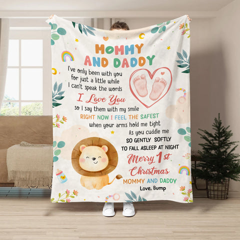 Merry 1st Christmas Mommy Daddy I've Only Been With You A While Footprint Baby Lion, Personalized Blanket, Gifts For New Parents, Fleece Sherpa Blanket, New Parents Xmas Christmas